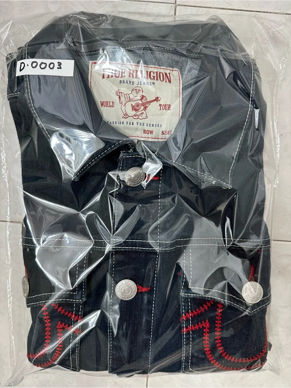 True Religion Denim Jacket Red Ladder Stitch Men’s siz M Dark Wash MSRP $184 New